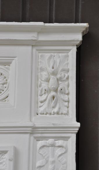 Antique Louis XVI style overmantel mirror with flowers frieze, wood and painted stucco Antique Louis XVI style overmantel mirror with flowers frieze, wood and painted stucco-3