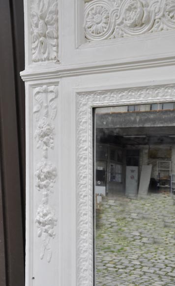 Antique Louis XVI style overmantel mirror with flowers frieze, wood and painted stucco Antique Louis XVI style overmantel mirror with flowers frieze, wood and painted stucco-5