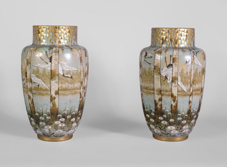 Manufacture KELLER & GUERIN in Luneville - pair of vases decorated with storks in flight in a lake landscape Manufacture KELLER & GUERIN in Luneville - pair of vases decorated with storks in flight in a lake landscape-0