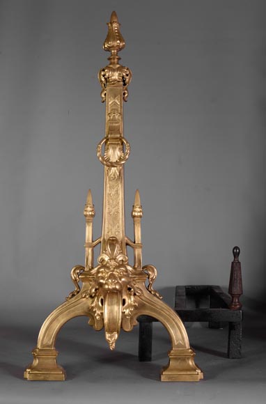 Pair of antique Napoleon III style andirons in gilt bronze with lion heads Pair of antique Napoleon III style andirons in gilt bronze with lion heads-1
