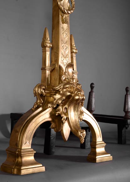 Pair of antique Napoleon III style andirons in gilt bronze with lion heads Pair of antique Napoleon III style andirons in gilt bronze with lion heads-4