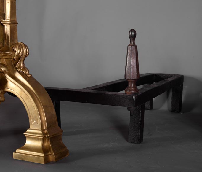 Pair of antique Napoleon III style andirons in gilt bronze with lion heads Pair of antique Napoleon III style andirons in gilt bronze with lion heads-6