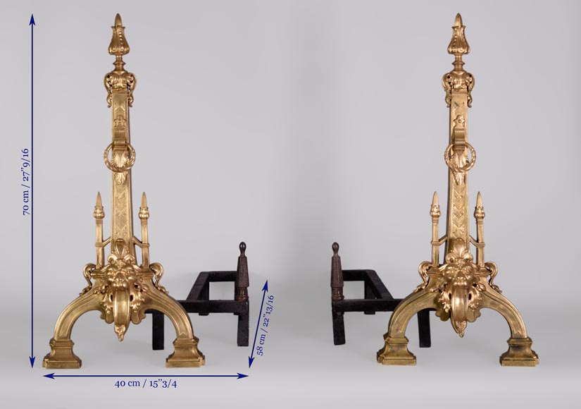 Pair of antique Napoleon III style andirons in gilt bronze with lion heads Pair of antique Napoleon III style andirons in gilt bronze with lion heads-9