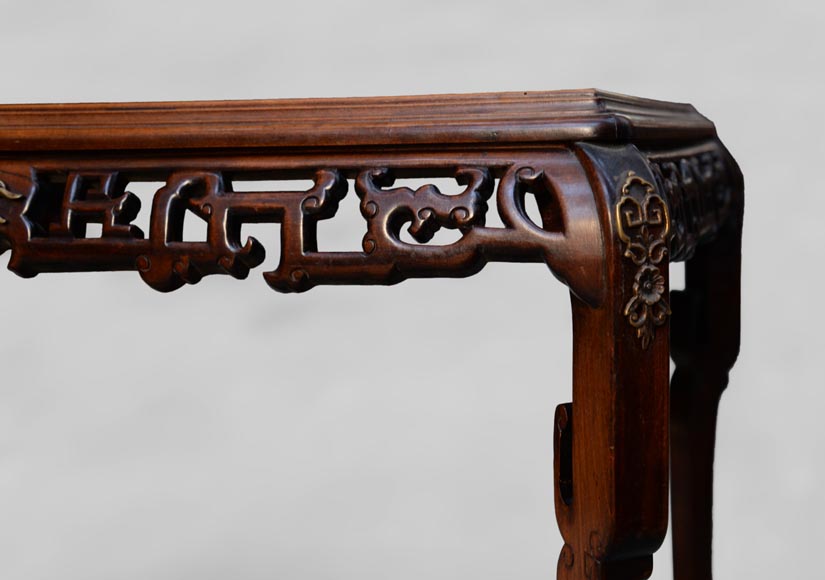 Japanese style table, openwork wooden friezes, top decorated with a japanese hunter Japanese style table, openwork wooden friezes, top decorated with a japanese hunter-5