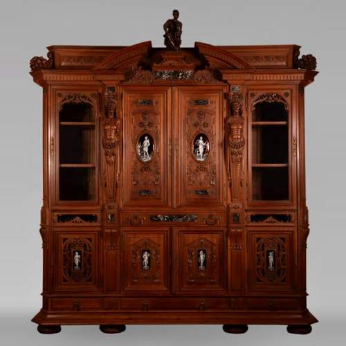 Large Neo-Renaissance style walnut cabinet -  Painted enamels signed by Theophile Soyer (1853-1940)