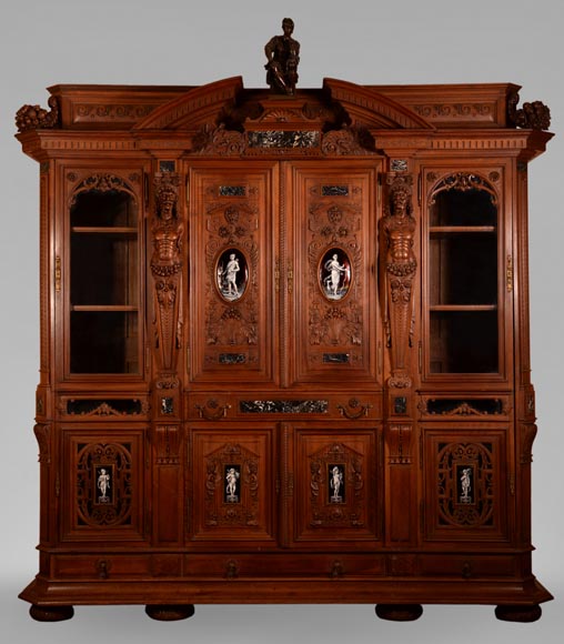 Large Neo-Renaissance style walnut cabinet -  Painted enamels signed by Theophile Soyer (1853-1940) Large Neo-Renaissance style walnut cabinet -  Painted enamels signed by Theophile Soyer (1853-1940)-0