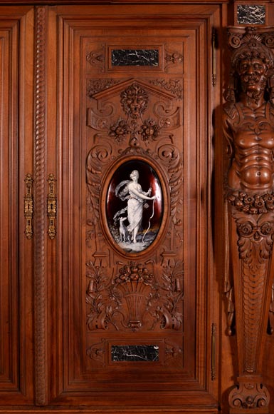 Large Neo-Renaissance style walnut cabinet -  Painted enamels signed by Theophile Soyer (1853-1940) Large Neo-Renaissance style walnut cabinet -  Painted enamels signed by Theophile Soyer (1853-1940)-1