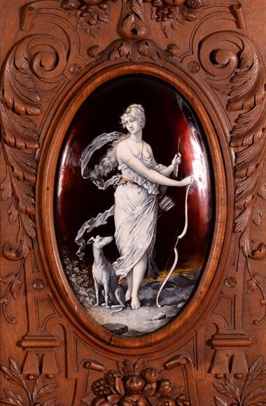 Large Neo-Renaissance style walnut cabinet -  Painted enamels signed by Theophile Soyer (1853-1940) Large Neo-Renaissance style walnut cabinet -  Painted enamels signed by Theophile Soyer (1853-1940)-2