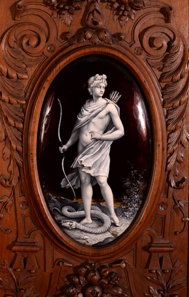 Large Neo-Renaissance style walnut cabinet -  Painted enamels signed by Theophile Soyer (1853-1940) Large Neo-Renaissance style walnut cabinet -  Painted enamels signed by Theophile Soyer (1853-1940)-4