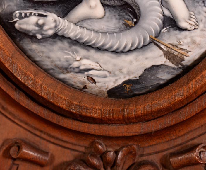 Large Neo-Renaissance style walnut cabinet -  Painted enamels signed by Theophile Soyer (1853-1940) Large Neo-Renaissance style walnut cabinet -  Painted enamels signed by Theophile Soyer (1853-1940)-5