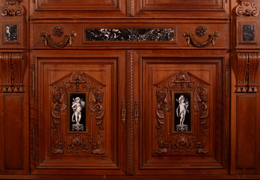 Large Neo-Renaissance style walnut cabinet -  Painted enamels signed by Theophile Soyer (1853-1940) Large Neo-Renaissance style walnut cabinet -  Painted enamels signed by Theophile Soyer (1853-1940)-6