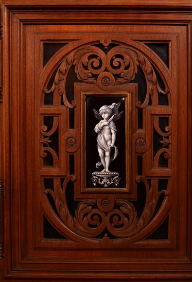 Large Neo-Renaissance style walnut cabinet -  Painted enamels signed by Theophile Soyer (1853-1940) Large Neo-Renaissance style walnut cabinet -  Painted enamels signed by Theophile Soyer (1853-1940)-7