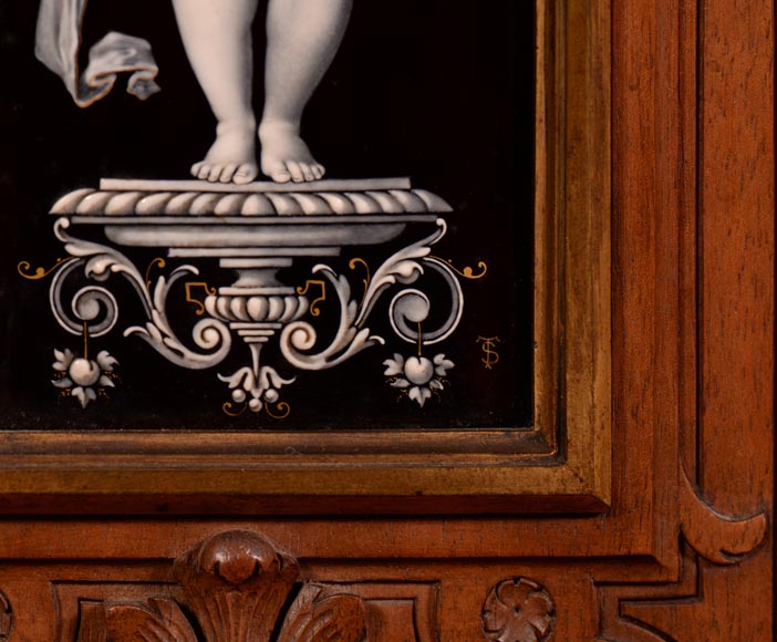Large Neo-Renaissance style walnut cabinet -  Painted enamels signed by Theophile Soyer (1853-1940) Large Neo-Renaissance style walnut cabinet -  Painted enamels signed by Theophile Soyer (1853-1940)-9