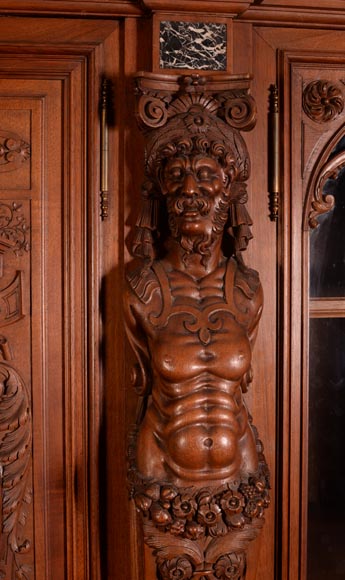 Large Neo-Renaissance style walnut cabinet -  Painted enamels signed by Theophile Soyer (1853-1940) Large Neo-Renaissance style walnut cabinet -  Painted enamels signed by Theophile Soyer (1853-1940)-12