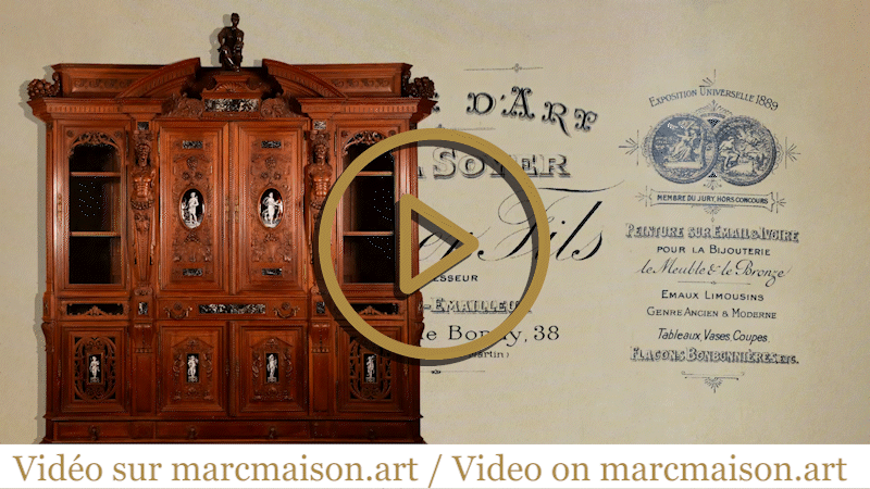 Large Neo-Renaissance style walnut cabinet -  Painted enamels signed by Theophile Soyer (1853-1940) Large Neo-Renaissance style walnut cabinet -  Painted enamels signed by Theophile Soyer (1853-1940)-0