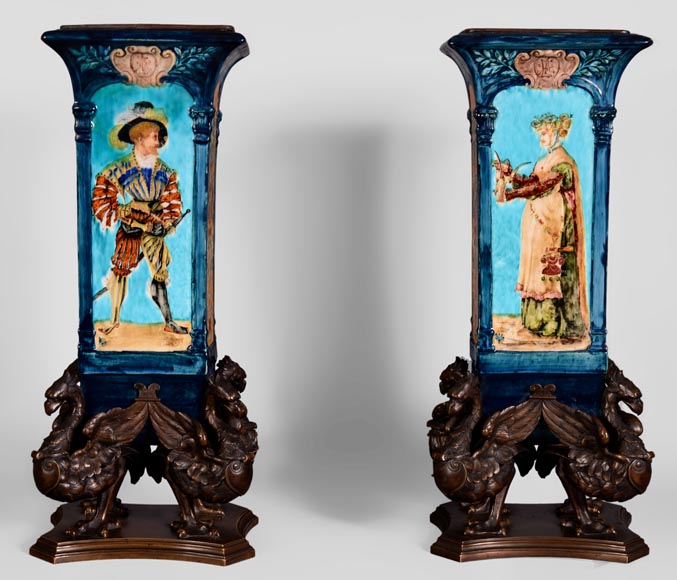 Pair of Neo-Renaissance style earthenware cones vases with brown patina bronze griffins Pair of Neo-Renaissance style earthenware cones vases with brown patina bronze griffins-0