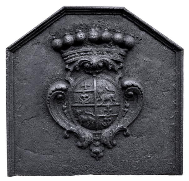 Antique cast iron fireback with the Joly family coat of arms, 18th century  Antique cast iron fireback with the Joly family coat of arms, 18th century -0