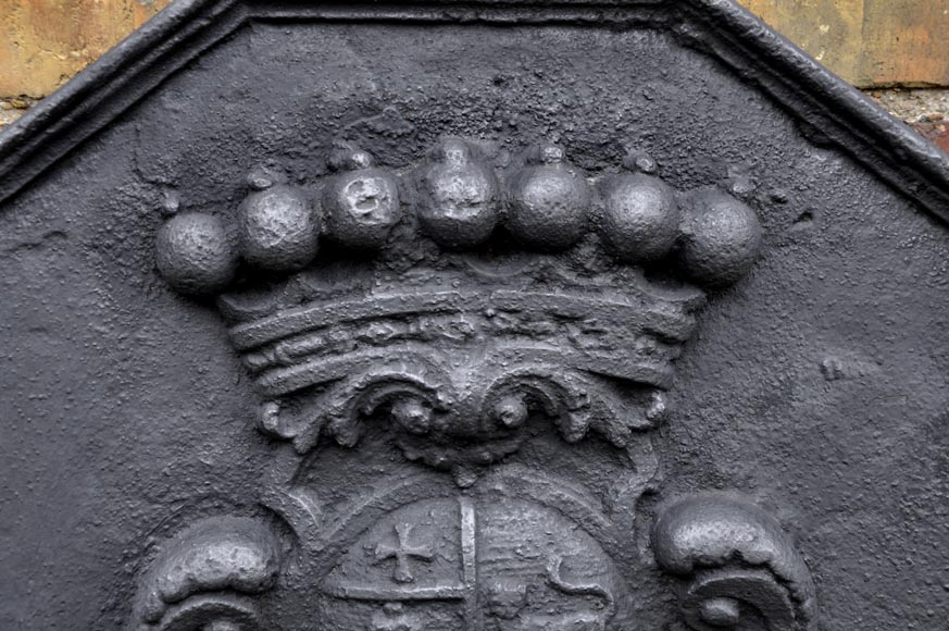 Antique cast iron fireback with the Joly family coat of arms, 18th century  Antique cast iron fireback with the Joly family coat of arms, 18th century -1