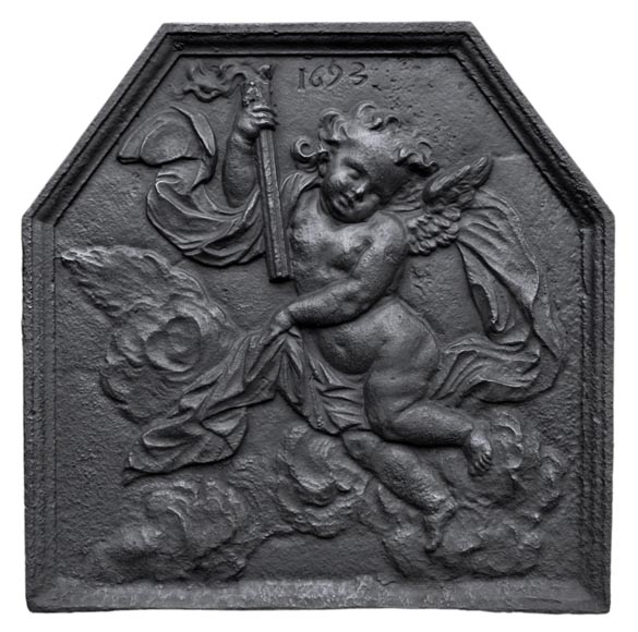 Antique fireback dated 1693 with winged putto holding a torch Antique fireback dated 1693 with winged putto holding a torch-0