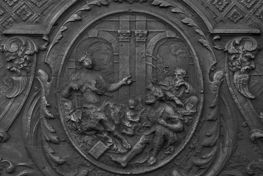 Antique large Louis XV style fireback with Diana and the sages, 18th century Antique large Louis XV style fireback with Diana and the sages, 18th century-1