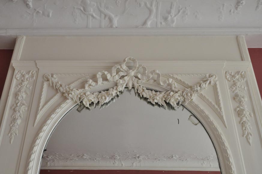 Antique Louis XVI style white overmantel pierglass with garlands of flowers and knot -1