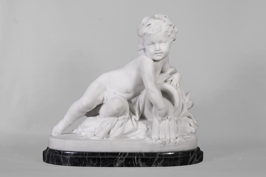 Allegory of a river in the form of a child, Statuary marble sculpture, base made of Vert de mer Allegory of a river in the form of a child, Statuary marble sculpture, base made of Vert de mer-0
