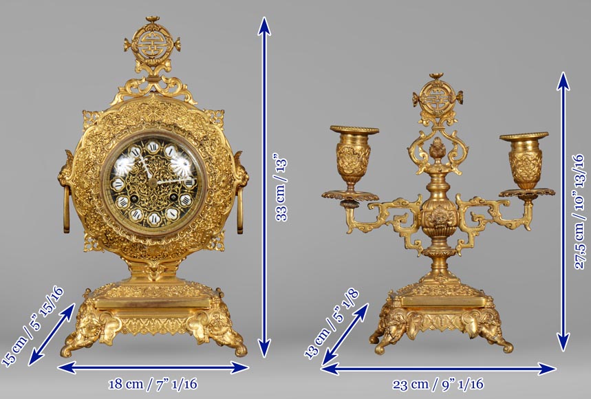 Ferdinand BARBEDIENNE (attributed to) - Gilded bronze set clock in the taste of Japan Ferdinand BARBEDIENNE (attributed to) - Gilded bronze set clock in the taste of Japan-16