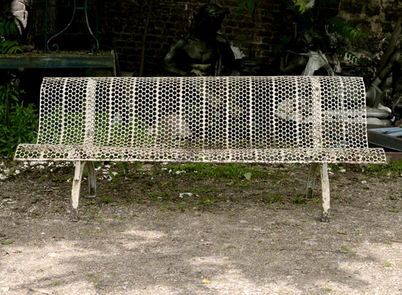 Antique white garden bench with perforated decoration, 1930s Antique white garden bench with perforated decoration, 1930s-0