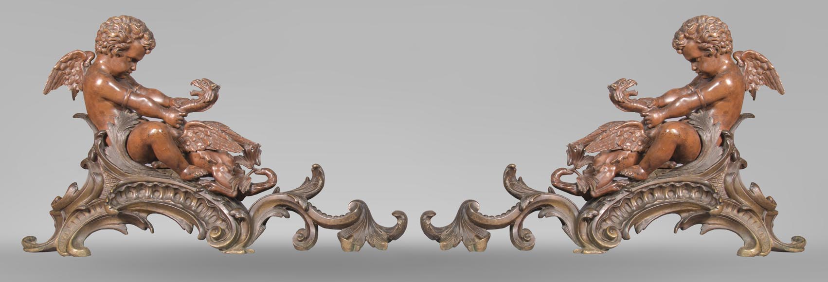 Pair of chenets, with putti and chimeras, made out of two patinas bronze Pair of chenets, with putti and chimeras, made out of two patinas bronze-0