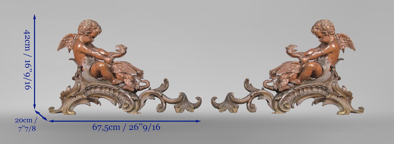 Pair of chenets, with putti and chimeras, made out of two patinas bronze Pair of chenets, with putti and chimeras, made out of two patinas bronze-12