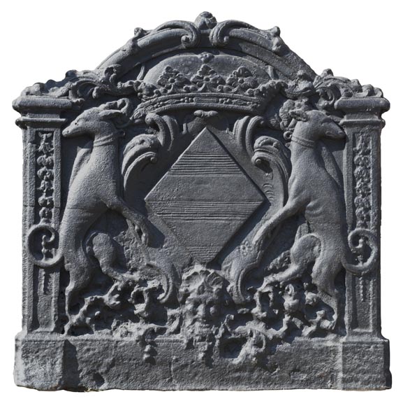 Antique cast iron fireback with coat of arms of Pénancoët de Kéroualle-0