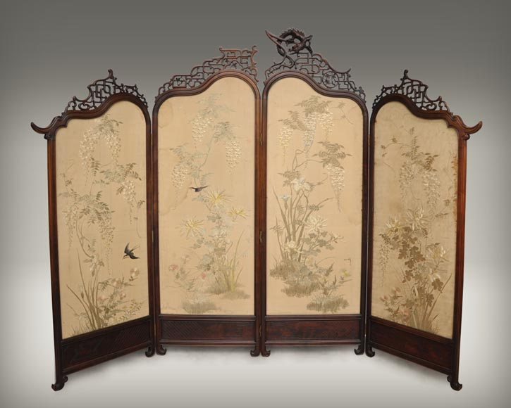Maison des Bambous Alfred PERRET et Ernest VIBERT (attributed to) - Japanese style embroidered silk screen Maison des Bambous Alfred PERRET et Ernest VIBERT (attributed to) - Japanese style embroidered silk screen-0
