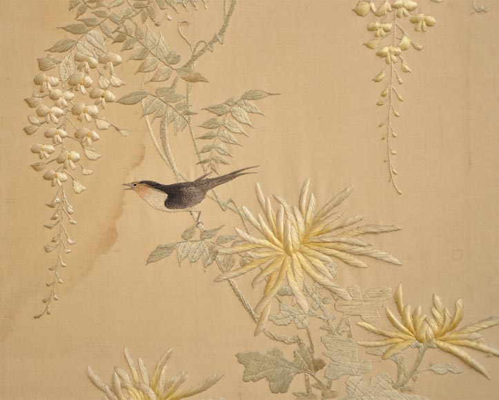 Maison des Bambous Alfred PERRET et Ernest VIBERT (attributed to) - Japanese style embroidered silk screen Maison des Bambous Alfred PERRET et Ernest VIBERT (attributed to) - Japanese style embroidered silk screen-8