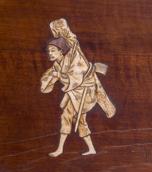 Antique bed of Far Eastern inspiration with engraved and inlaid bone decoration Antique bed of Far Eastern inspiration with engraved and inlaid bone decoration-4