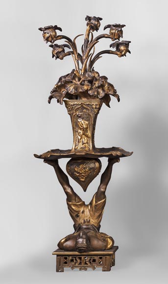 Arthur WAAGEN (active 1869-1910) Japanese-style clock set, made out of spelter, representing a young woman dressed in a kimono Arthur WAAGEN (active 1869-1910) Japanese-style clock set, made out of spelter, representing a young woman dressed in a kimono-2