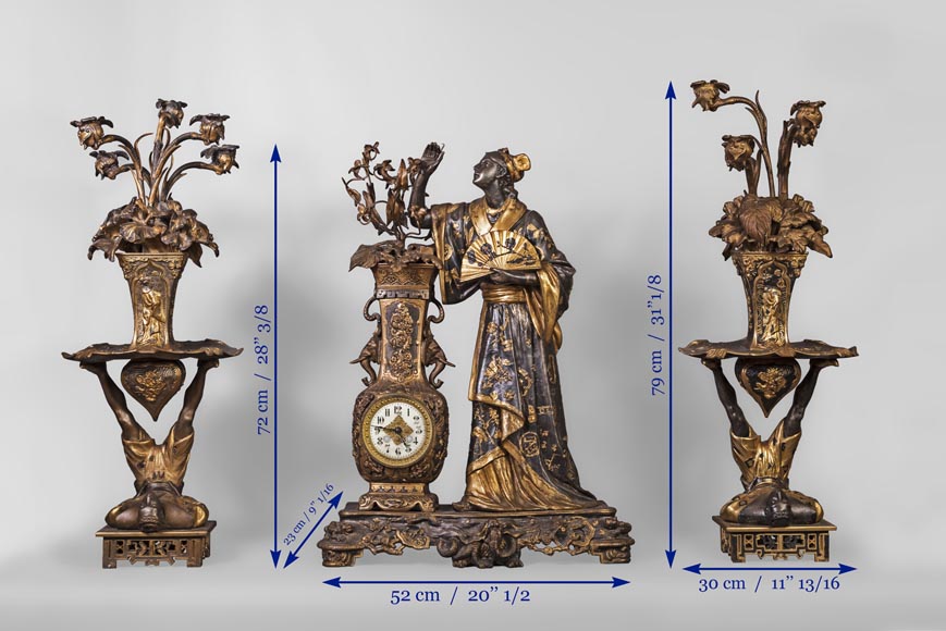 Arthur WAAGEN (active 1869-1910) Japanese-style clock set, made out of spelter, representing a young woman dressed in a kimono Arthur WAAGEN (active 1869-1910) Japanese-style clock set, made out of spelter, representing a young woman dressed in a kimono-4