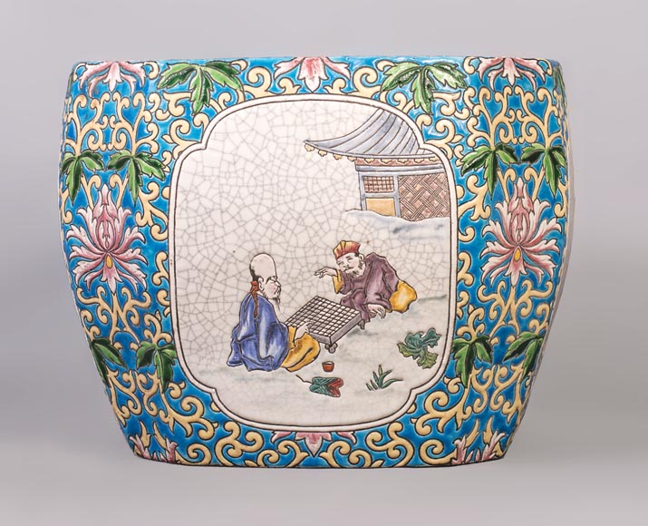 Japanese style cachepot in glazed earthenware with medallion decoration  of animated life scenes Japanese style cachepot in glazed earthenware with medallion decoration  of animated life scenes-0