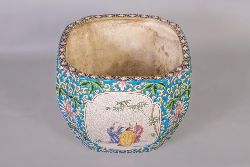 Japanese style cachepot in glazed earthenware with medallion decoration  of animated life scenes Japanese style cachepot in glazed earthenware with medallion decoration  of animated life scenes-1