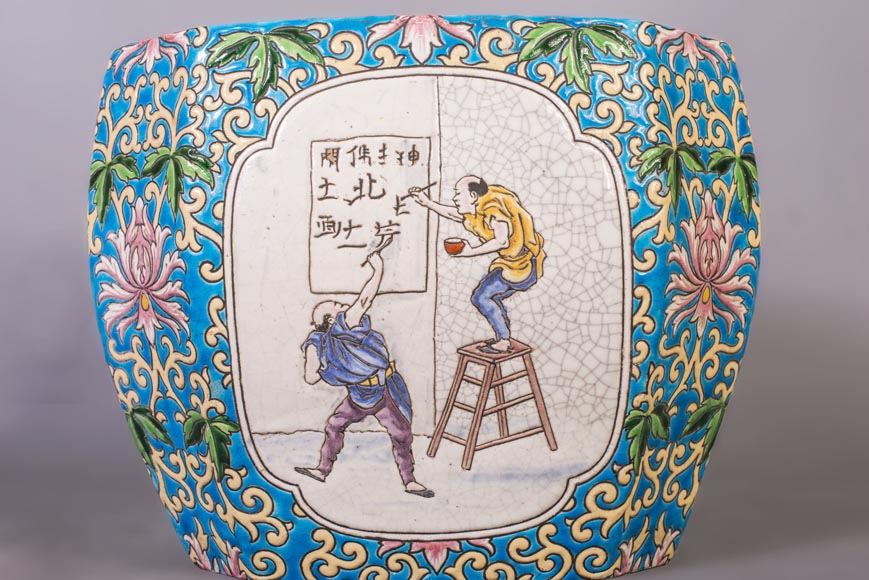 Japanese style cachepot in glazed earthenware with medallion decoration  of animated life scenes Japanese style cachepot in glazed earthenware with medallion decoration  of animated life scenes-4