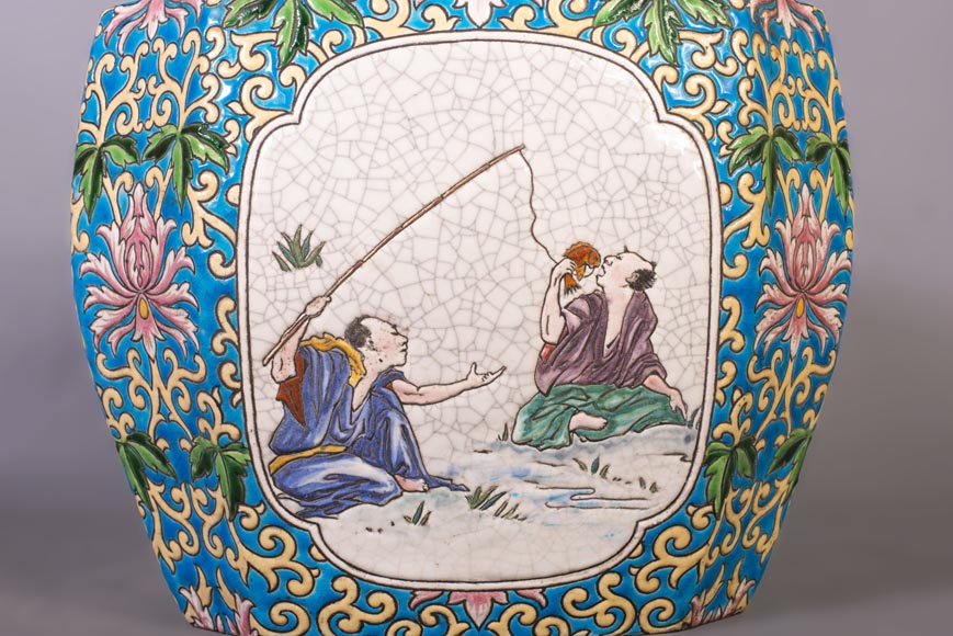 Japanese style cachepot in glazed earthenware with medallion decoration  of animated life scenes Japanese style cachepot in glazed earthenware with medallion decoration  of animated life scenes-5
