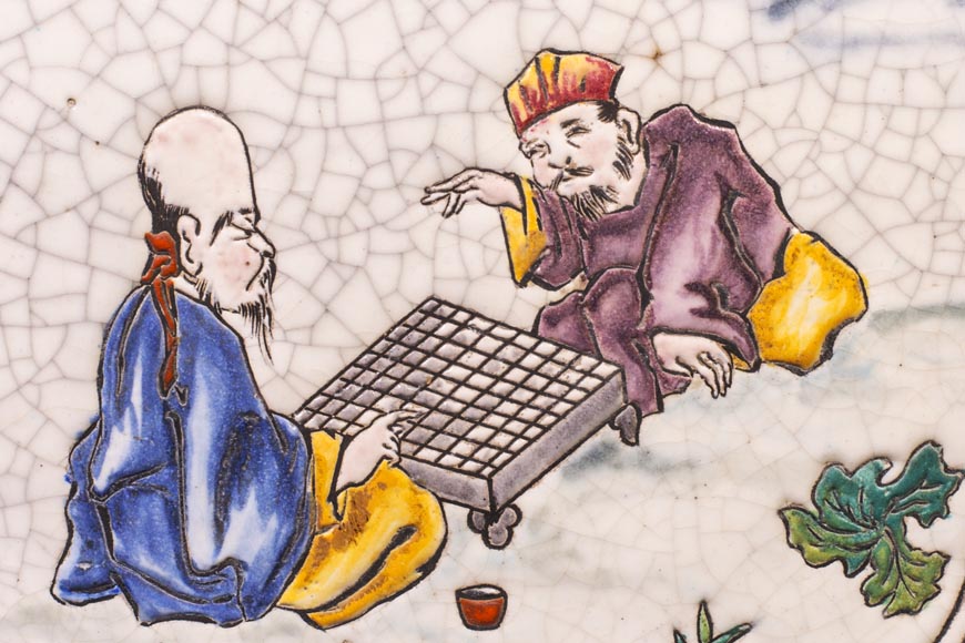 Japanese style cachepot in glazed earthenware with medallion decoration  of animated life scenes Japanese style cachepot in glazed earthenware with medallion decoration  of animated life scenes-6