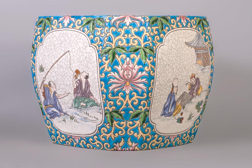 Japanese style cachepot in glazed earthenware with medallion decoration  of animated life scenes Japanese style cachepot in glazed earthenware with medallion decoration  of animated life scenes-8