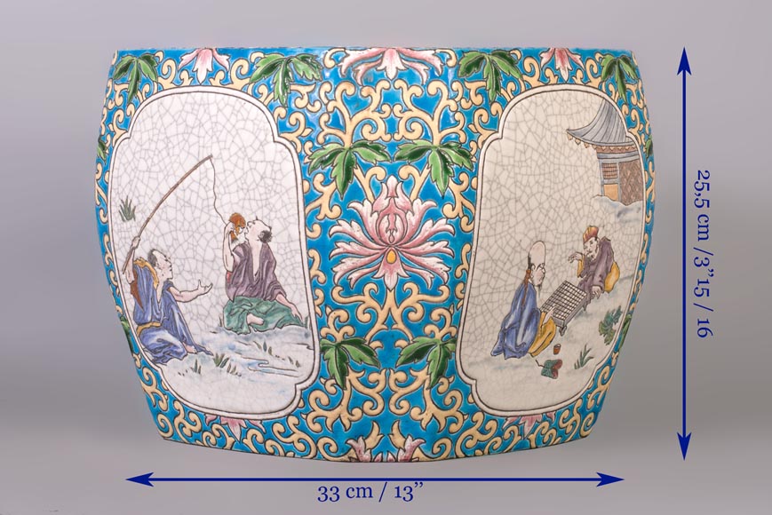 Japanese style cachepot in glazed earthenware with medallion decoration  of animated life scenes Japanese style cachepot in glazed earthenware with medallion decoration  of animated life scenes-9