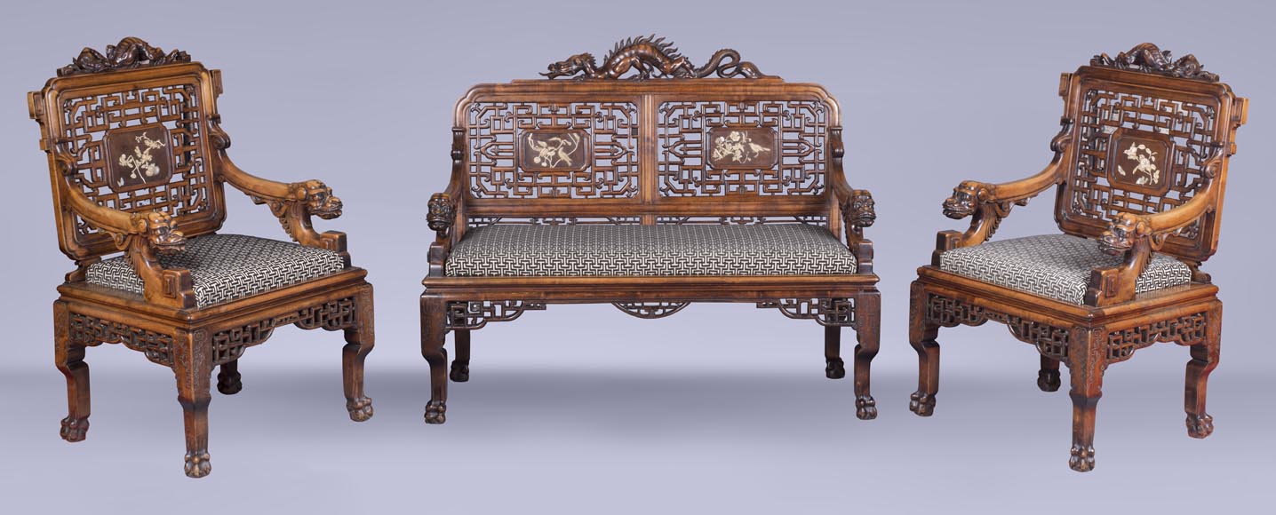 Maison des Bambous Alfred PERRET et Ernest VIBERT (attributed to) - Beautiful japanese style living room furniture set with dragons and openwork backs of seat Maison des Bambous Alfred PERRET et Ernest VIBERT (attributed to) - Beautiful japanese style living room furniture set with dragons and openwork backs of seat-0