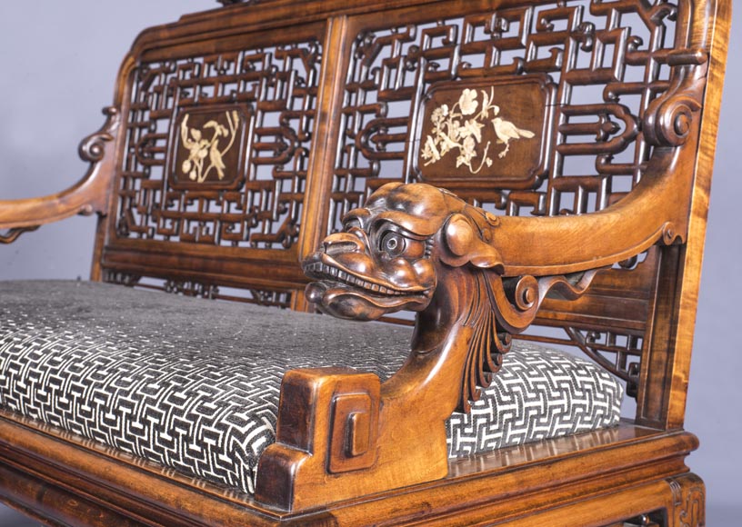 Maison des Bambous Alfred PERRET et Ernest VIBERT (attributed to) - Beautiful japanese style living room furniture set with dragons and openwork backs of seat Maison des Bambous Alfred PERRET et Ernest VIBERT (attributed to) - Beautiful japanese style living room furniture set with dragons and openwork backs of seat-5