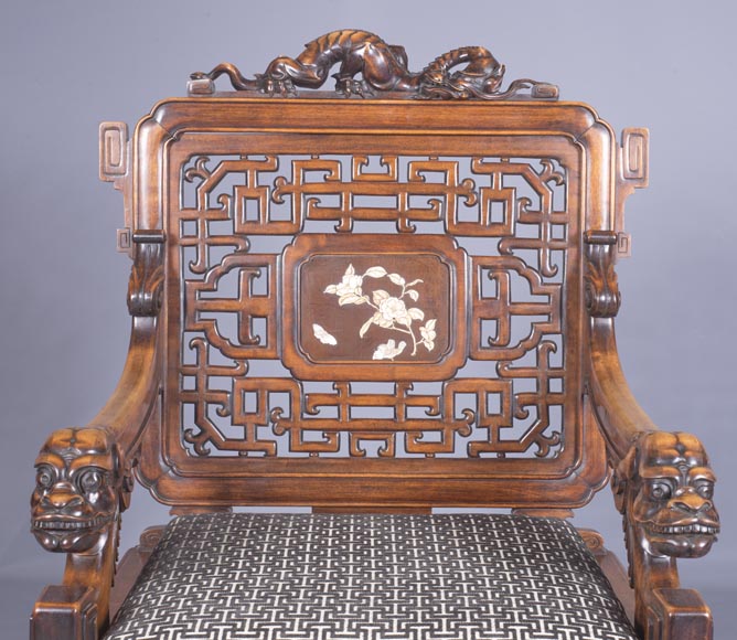 Maison des Bambous Alfred PERRET et Ernest VIBERT (attributed to) - Beautiful japanese style living room furniture set with dragons and openwork backs of seat Maison des Bambous Alfred PERRET et Ernest VIBERT (attributed to) - Beautiful japanese style living room furniture set with dragons and openwork backs of seat-9