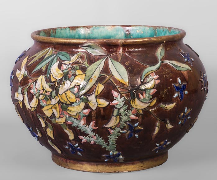 Fernand THESMAR, Ceramic gardener with applied enamel flowers decoration Fernand THESMAR, Ceramic gardener with applied enamel flowers decoration-0