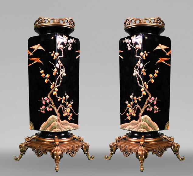 BACCARAT, Pair of vases with Japanese decoration of flowering trees and birds, circa 1880 BACCARAT, Pair of vases with Japanese decoration of flowering trees and birds, circa 1880-1