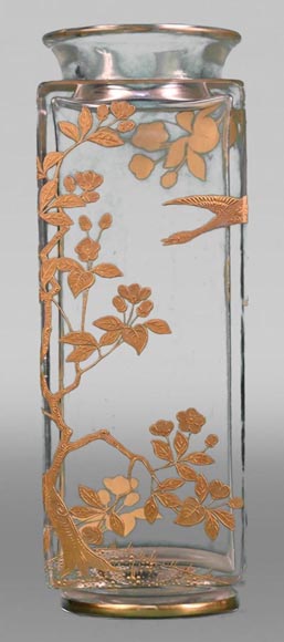 BACCARAT, Pair of square vases with cherry blossoms and birds, circa 1880 BACCARAT, Pair of square vases with cherry blossoms and birds, circa 1880-1