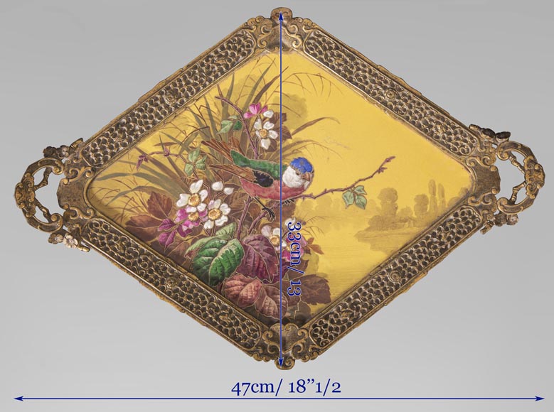 Earthenware dish with bird decoration, mounted in bronze Earthenware dish with bird decoration, mounted in bronze-7